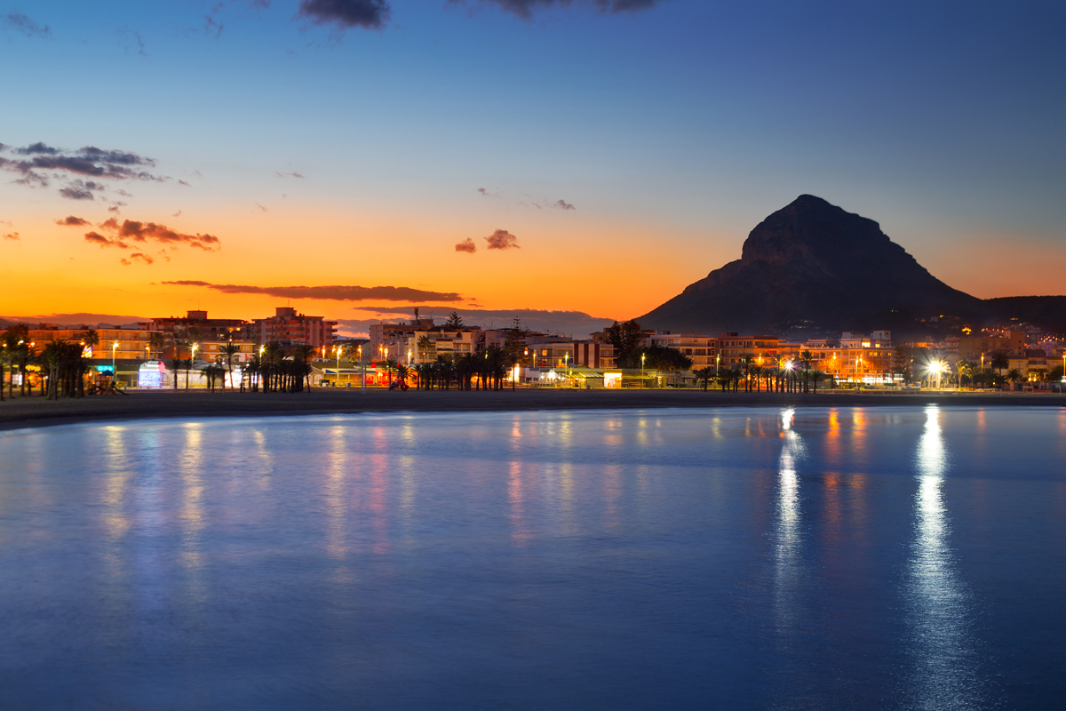 Sunset over Jávea harbour with Montgó mountain in the background