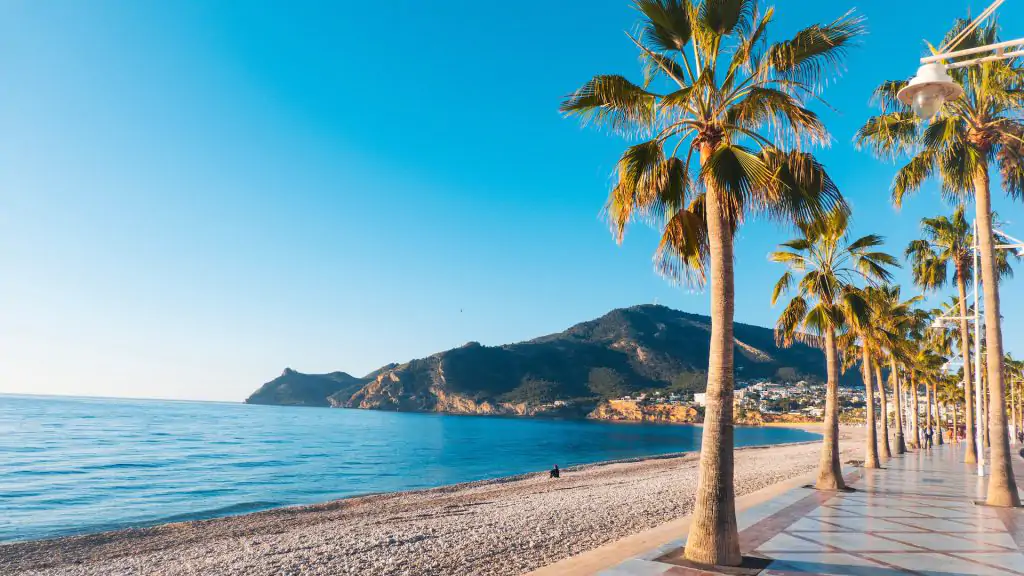 Palm-lined promenade in El Albir on the Costa Blanca with coastline and sea